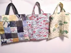 着物リメイクバッグ　まちなし　くたっとトートバッグ　　パッチワーク　寒色系