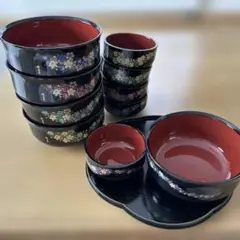 値下げ　桂由美　黒地花柄汁椀セット（大・小）10個