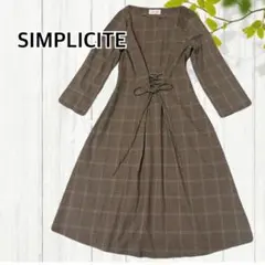 シンプリシティエ　チェック　長袖　ワンピース　レースアップ