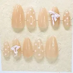 ネイルチップ 現品販売 Mサイズ ベージュ リボン 韓国風