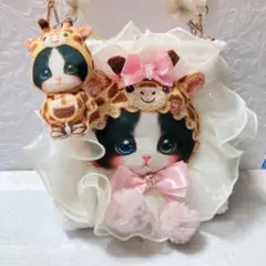 BIGパネル猫ちゃん２wayバッグ　ボア&マカロンと薔薇のおしゃれプリント