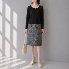 エスプリミュール［M］上品クール◎ツイードドッキング◎ひざ下タイトワンピース