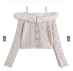 GRL gn549 ファーオフショルダーケーブル編みニットトップス グレイル