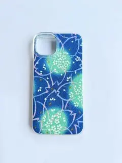 青色花柄 iPhone用ケース(15 PLUS)