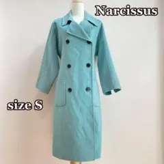 NarcissusロングコートSターコイズブルーウール100%ラグラン袖ベルト付のサムネイル