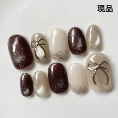 【現品】No.262 ネイルチップ　春ネイル　リボン　マグネット　ミラー