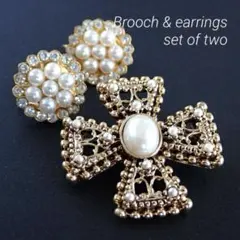 【2点セット】ヴィンテージ ブローチ & ピアス マルタ十字 フェイクパール