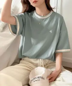 100%シルケット 配色刺繍 オーバーサイズ シンプル半袖Tシャツのサムネイル