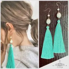 アンティーク ゴールド ドロップ パール ロング タッセル ミントグリーンピアス