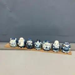 3F 七福神 置物 縁起物 陶器 染付 藍色 7体セット 木製台座付き オブジェ