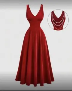 赤ワンピース　Vネックパーティードレス