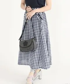 MARY QUANT ギンガムチェックロゴ スカート 38 ネイビーのサムネイル