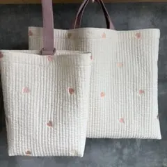 レッスンバック シューズ袋 ハート ピンク ヌビ ハンドメイド 絵本バック