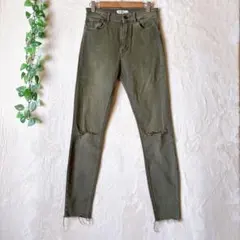 a1528 ザラ ダメージ加工ハイウエスト スキニーデニム カーキ 36 S相当