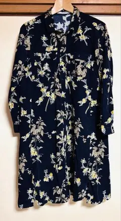 スーパーハッカ　花柄コットンワンピース 長袖 ネイビー