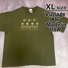 USA製　90s　Tシャツ　XL　カーキ　グリーン　刺繍　イルカ　フロリダ　古着