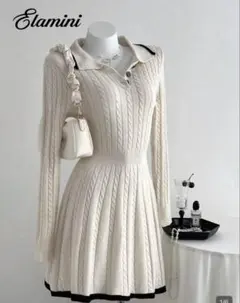 Elamini アイボリー ケーブルニットワンピース