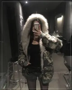 迷彩 ファージャケット コート 中綿アウター 秋冬 Y2K グランジ カモ柄