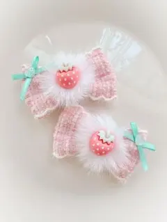 キッズ　ヘアゴム　リボン　リボンゴム　ハンドメイド　いちご　ツイード　苺