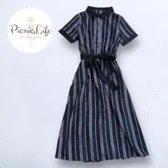 美品❤ 【グレイル】ストライプ半袖シャツロングワンピース リボンベルト付き M