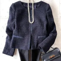 美品 アンタイトル ラメファンシーツイードノーカラージャケット ネイビー 0