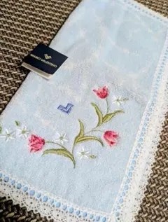 MARIO VALENTINO 水色 刺繍タオルハンカチ