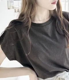 Javaヴィンテージ加工綿100％フレンチスリーブTシャツ　チャコールグレーのサムネイル