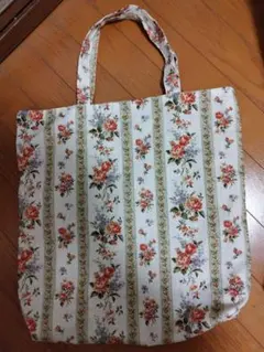 ハンドメイド　花柄ストライプ　ビッグトートバッグ