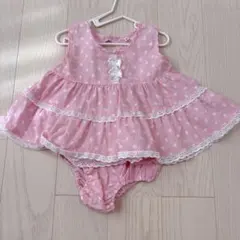 水玉模様 レース付きロンパース ピンク　80 セットアップ　1歳　女の子