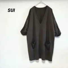 SUI 5分袖ニット　プルオーバー　Vネック ダークブラウン　F