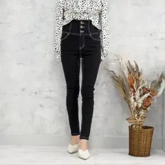 FUN ボタンスキニーパンツ ブラック スキニーパンツ ハイウエスト デニム 黒