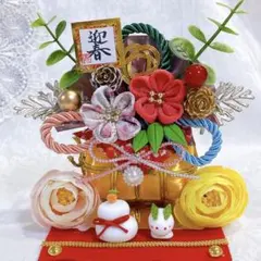 お正月飾り☆雪うさぎ☆金俵☆つまみ細工☆雪うさぎ☆かがみ餅☆ハンドメイド