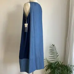 新品　日本製　異素材　麻　リネン　綿　ワンピース　藍
