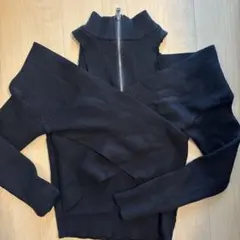 オフショルダーリブニット黒