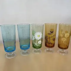 アデリア　レトロカラフルな脚付きグラス5個セット