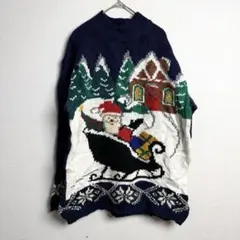 997 カレンスコット クリスマスサンタ総柄ニット ネイビー カウチン風立体柄