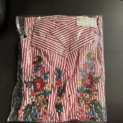 赤白ストライプ 花柄刺繍 長袖シャツ