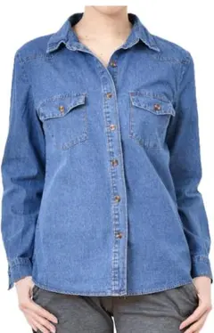 デニムシャツ レディース Lサイズ 長袖 羽織り コットンシャツ ブルーＬサイズ