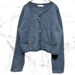 美品　長袖ラメニットカーディガン　ブルー　シルバーボタン　FREEサイズ