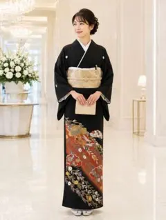 豪華黒留袖　作家物　駒刺繍　かんざし　松笠飛鶴花文　金彩　正絹のサムネイル
