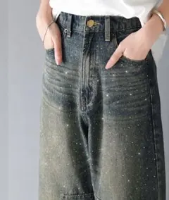 ラインストーン付き カーブデニムパンツ
