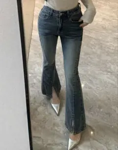 shein DazyStar無地柄スリットヘム フレアレッグジーンズフレアデニム
