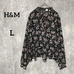 H&M シアーシャツ　ブラック　小花柄　フリル　レディース　長袖オシャレ