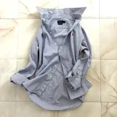 POLOラルフローレン ストライプシャツ青 刺繍ロゴ 長袖