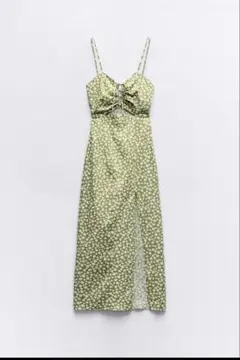 ZARA リネンブレンド フラワープリント ミディワンピース