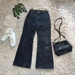 7141✾ページボーイ✾バギーデニムパンツ【27L】ブラック/フレア/センター