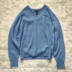 90s ランズエンド Vネック ウールニット ブルー スコットランド製 M