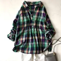 パパス コットンリネン半袖チェックシャツ 綿麻 50 L 緑 グリーン 