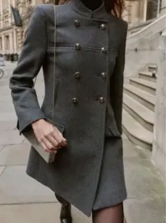 ZARA ウールダブルブレストコート　グレー　M