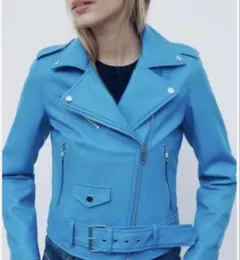 ZARA ライトブルー ダブル ライダース ジャケット　フェイクレザージャケット